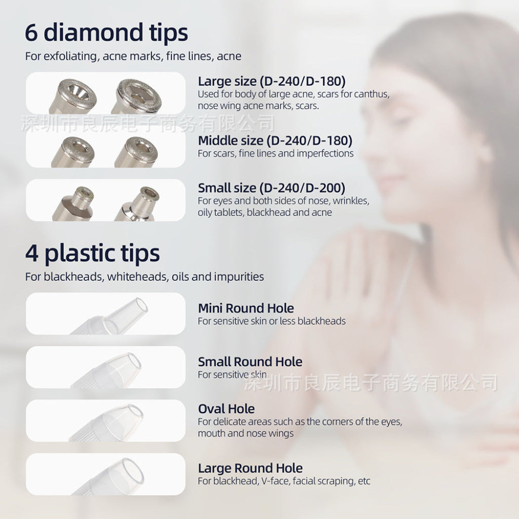 Micro-sculpting beauty device
Blackhead suction tool
Diamond microdermabrasion device
Facial cleansing and exfoliating tool
Skin renewal beauty machine
High-pressure spray skincare device
3-in-1 facial treatment tool
Anti-aging skin lifting device
Microcrystalline exfoliating machine
Home-use skin care device