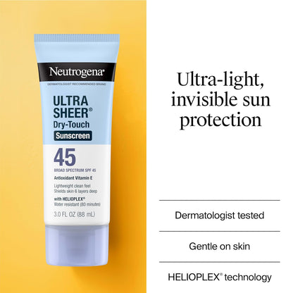 Ultra Sheer Dry-Touch Sunscreen for Face & Body, SPF 45 Broad Spectrum UVA/UVB Protection, Lightweight Water Resistant & Non-Greasy, Travel Size Sunscreen, 3 Fl. Oz 2 Pack